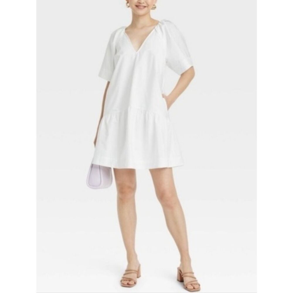 A New Day White Cotton Poplin V-Neck Babydoll Mini Dress Puff Sleeve Medium